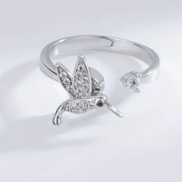 Shimmering Spinning Hummingbird Ring, CZ stones and silver tone, adjustable - Picture 5 of 8